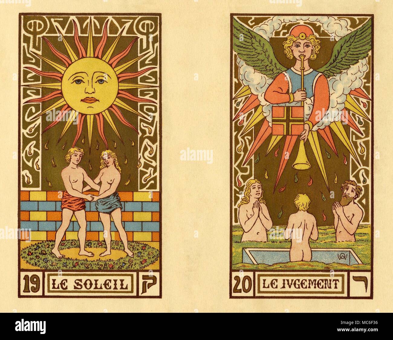 - OSWALD WIRTH TAROT DECK VON zweifellos 1926 Die schönsten Tarot Deck des 20. Jahrhunderts, die Tarot Karten wurden ursprünglich 1889 entworfen durch die Symbolistische, Oswald Wirth und in leicht geänderter Form veröffentlicht, in einer begrenzten lithographischen Edition, während 1926. Dieses 1926 Edition wurde nicht als Deck Karten veröffentlicht, sondern in Form von Paaren von Karten (Major nur Deck), gedruckte Lithographisch am 11 Blätter, und in einem Ordner präsentiert, als Teil von Oswald Wirth's Buch auf den Tarot veröffentlicht, und der damit verbundenen magischen Symbolismus, Le Tarot des Imagiers du Moyen Age, 1927. Der Ordner markiert, Planches Stockfoto