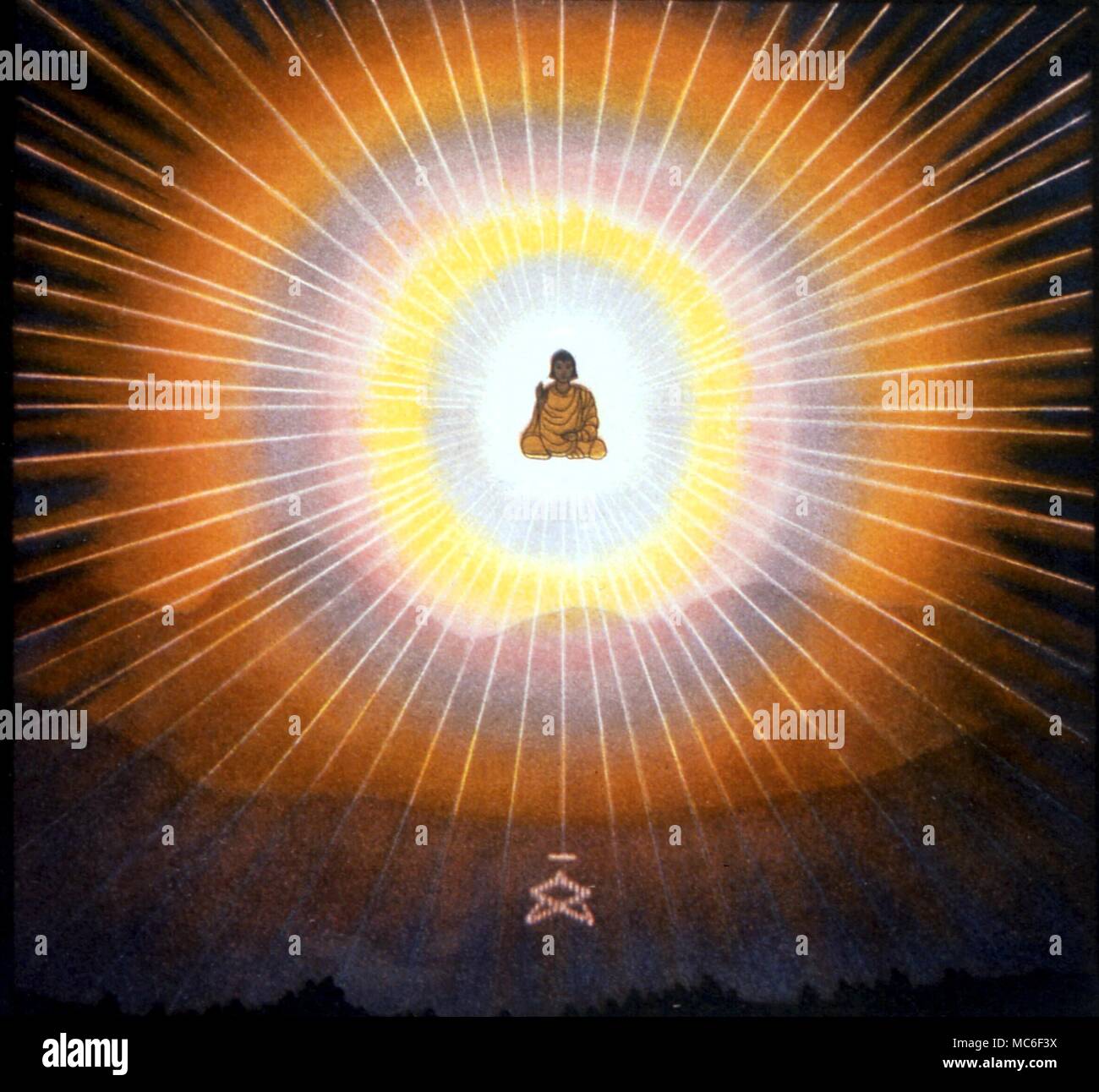 Astrale Körper des Buddha "Om Mani Padme Hum" Illustration von Hamzeh Carr von Sir Edwin Arnold's "Das Licht von Asien", 1926 Stockfoto