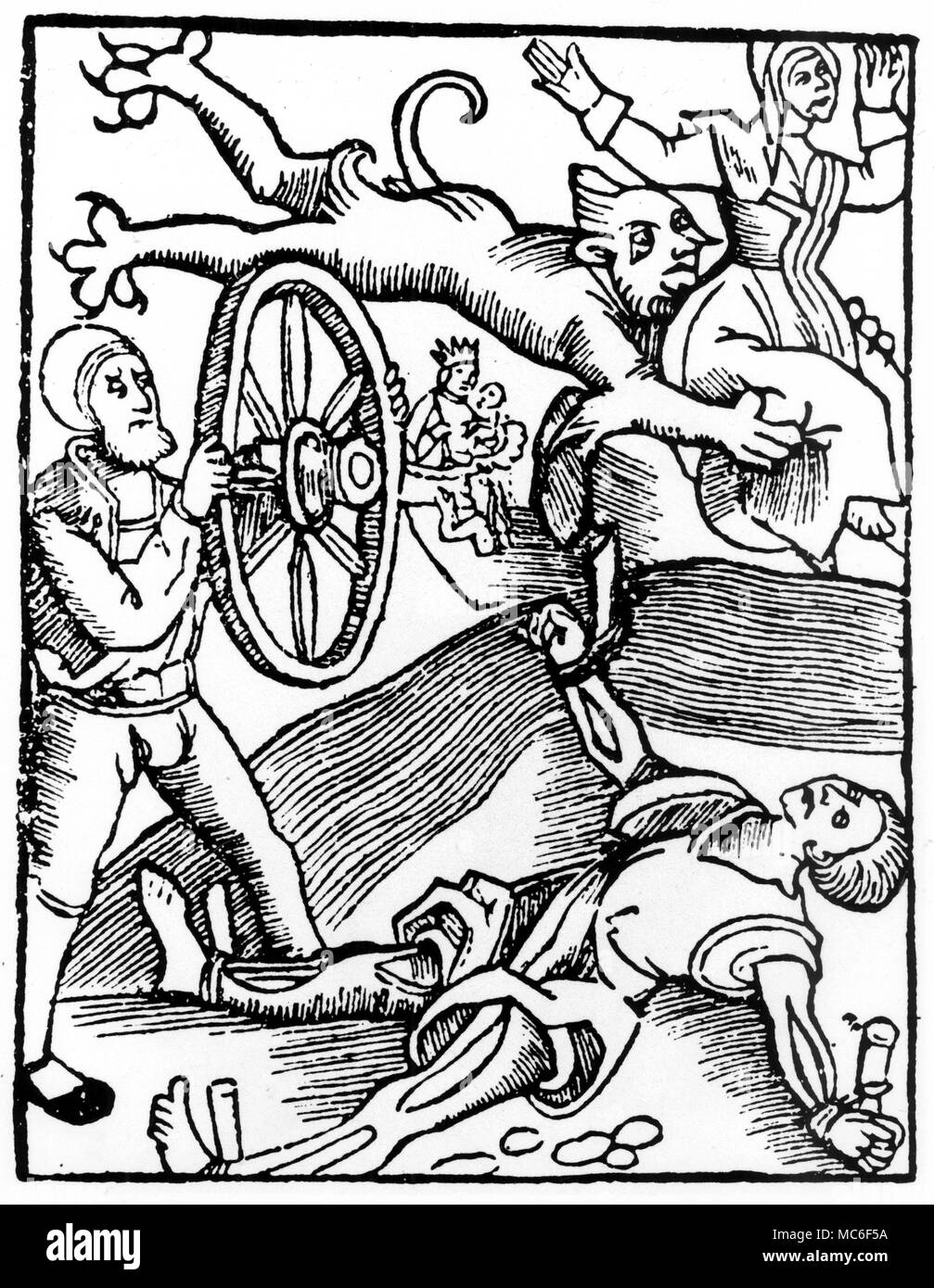 Der Teufel trägt die Seele einer Hexe, während ihr Komplize (warlock) durch das Rad gebrochen ist - die schrecklichste aller Strafen. Von einem deutschen Broschüre von 1517. Stockfoto