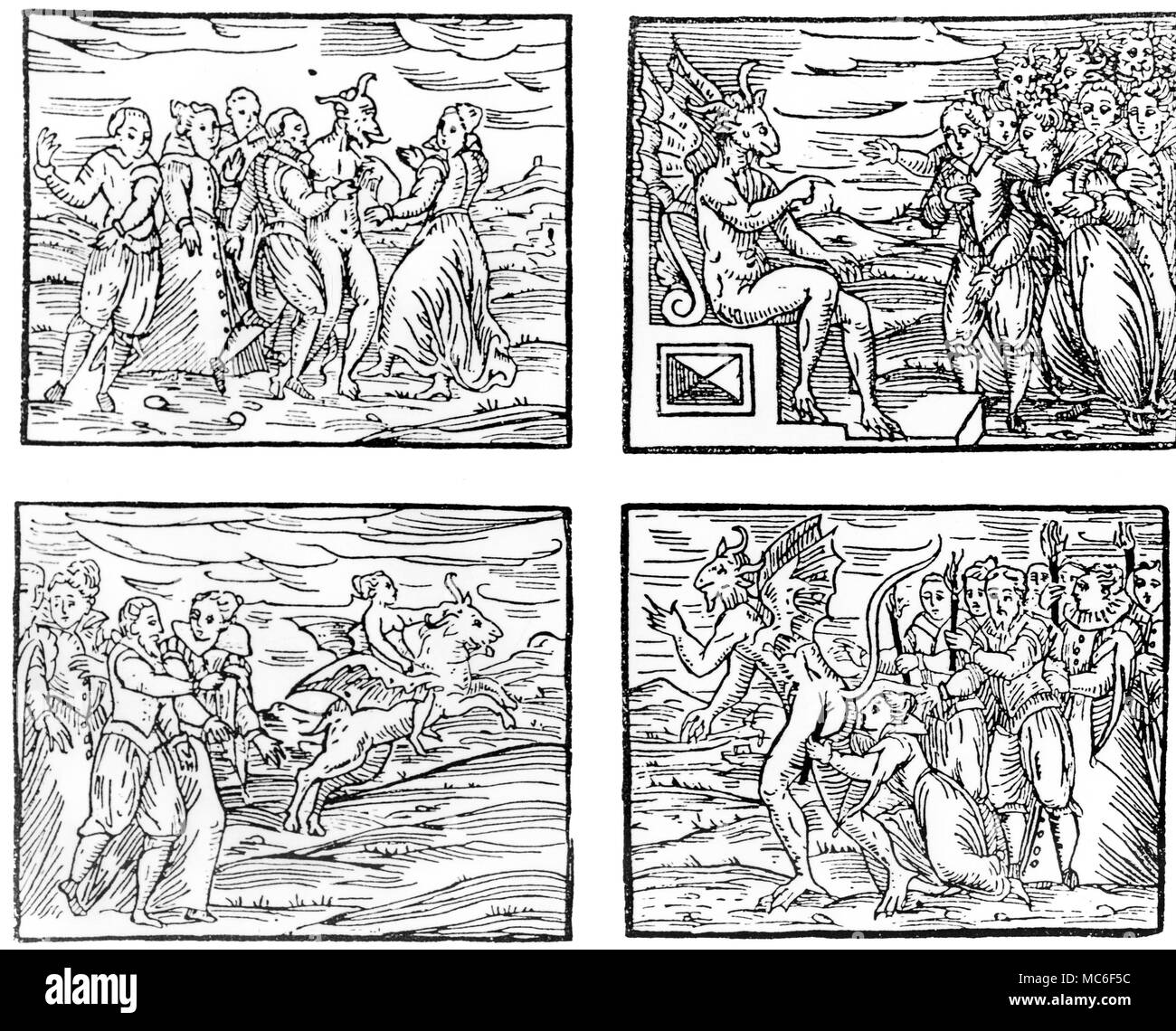 Hexerei, von Der 1608 von eition Guazzo's Kompendium Maleficarum' - Hexen Tanz mit dem Teufel. Teufel geben Predigt zu Hexen am Sabbat. Hexe transvecting auf Ziege. Hexe gicing der Kuss der infame. Stockfoto