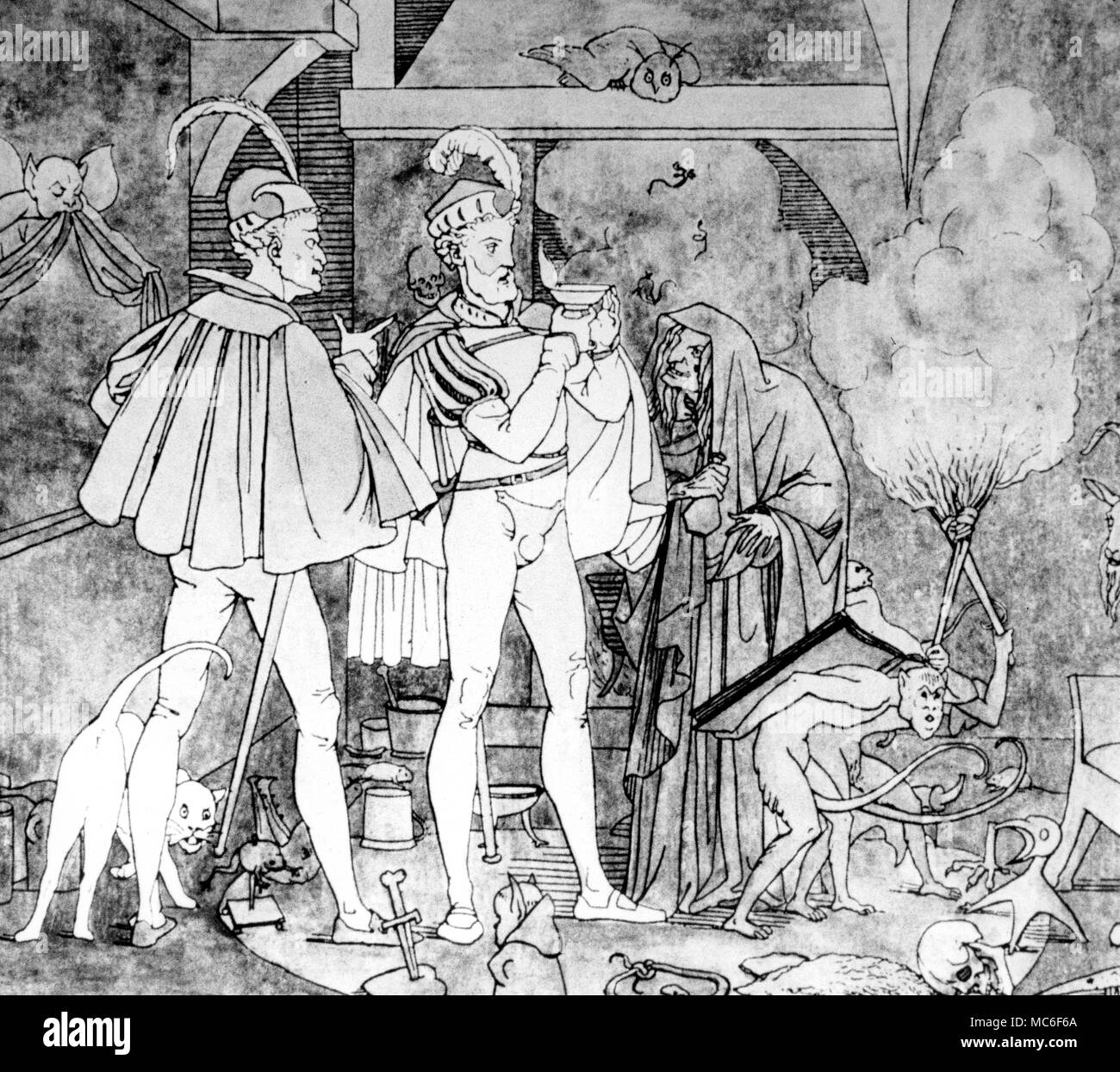 Mephistopheles und Faust mit der Hexe: Faust Holding die magische Lampe. Hand-farbiger Druck nach Moritz Retzch, Umrisse zu Goethes Faust, 1834. Stockfoto