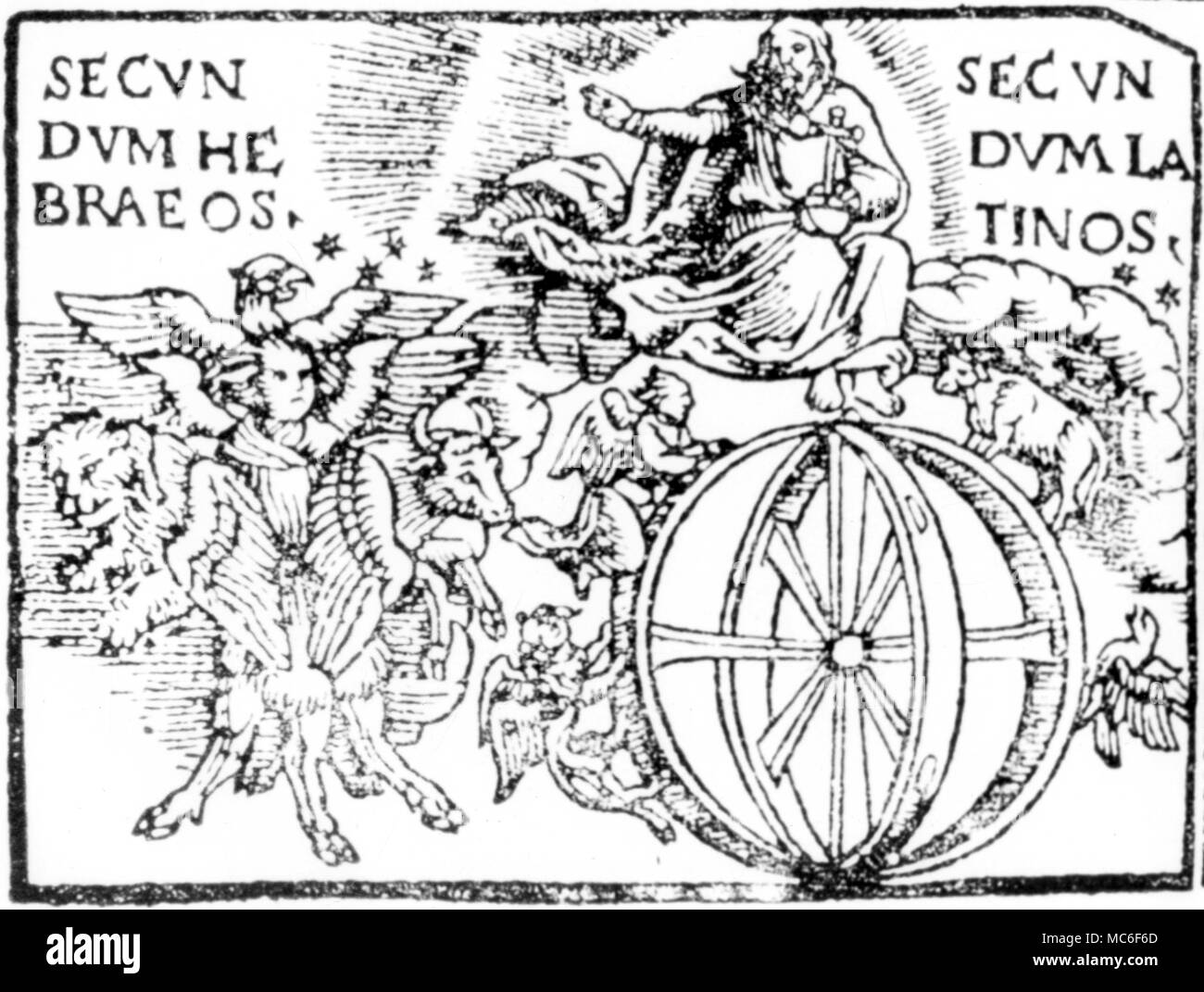 Detail vom frühen sechzehnten Jahrhundert Brevier, zeigt die Vision des Ezechiel, mit zwei Versionen der vier Kreaturen. Einige ufologen haben versucht, diese Vision als einer außerirdischen Wesen zu behaupten, aber es ist der Datensatz einer höheren kosmischen Vision der Seraphim und Cherubim. Stockfoto
