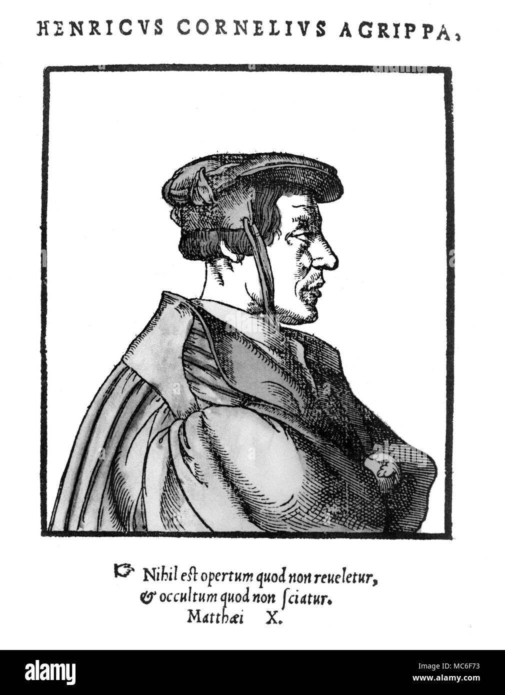 Porträt des Deutschen Okkultist, Heinrich Cornelius Agrippa von Nettesheim (1486-1535), dessen Einfluss auf die beliebten Okkultismus unschätzbaren wurde. Farbiger Druck von seinem De Helvetica Philosophia, 1534. Stockfoto