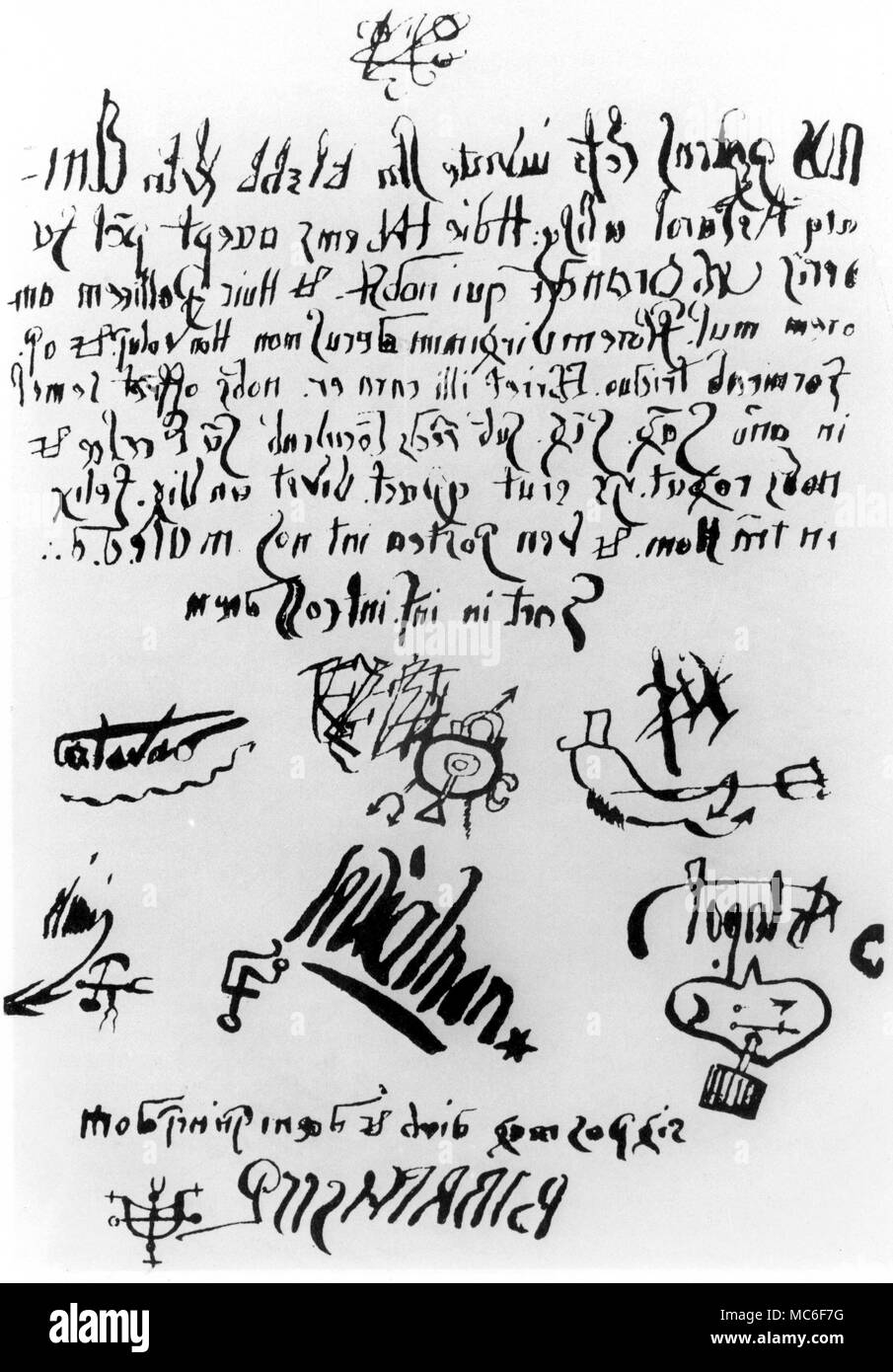 Der Pakt, in Loudun (Frankreich) im Jahre 1634 zwischen der subsigned  Dämonen für die Seele der Mönch Urbain Grandier. Der Spiegel - schriftliche  Latein, und seine Übersetzung werden im Hauptteil des Textes