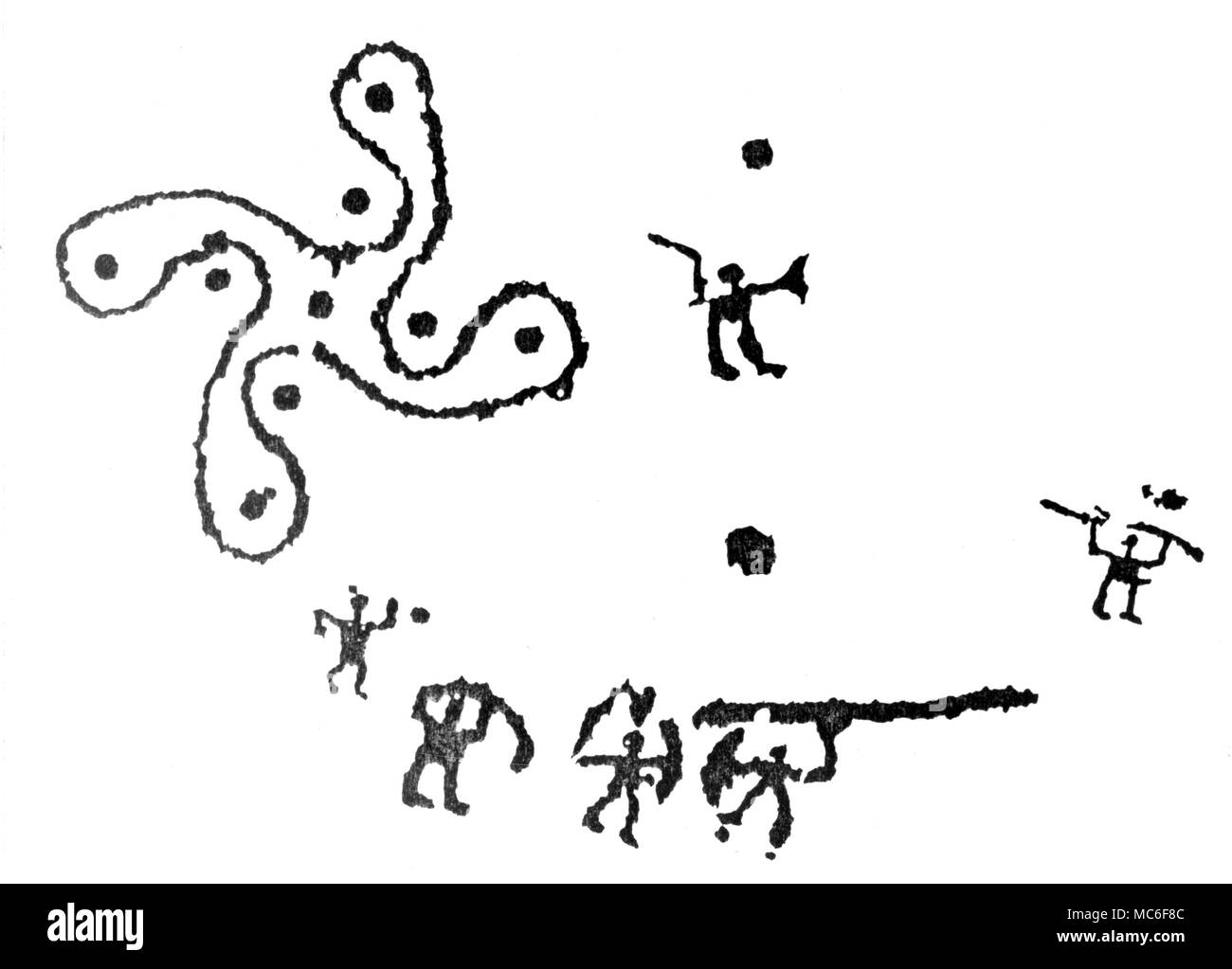 Eine prähistorische Version der Swastika (nur in drei Beispiele genannt), unter den Tausenden von petroglyphen von Capo da Ponte, Italien. Stockfoto