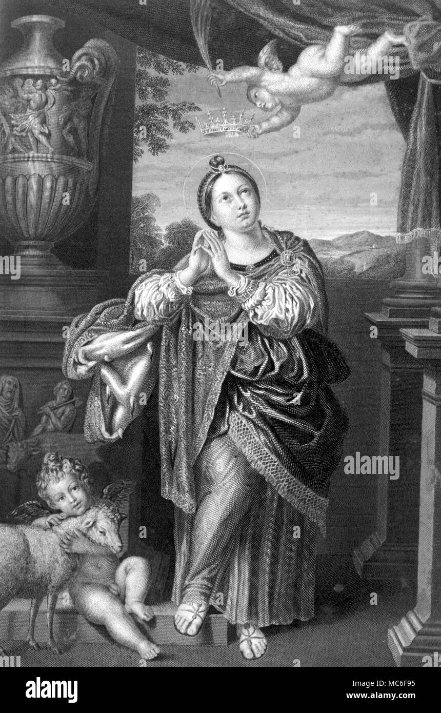 Die Heiligen - Hl. Agnes. Kupferstich von S Smith nach dem Gemälde von Domenichino, t Agnes'. Aus der Art Journal 1859 Stockfoto