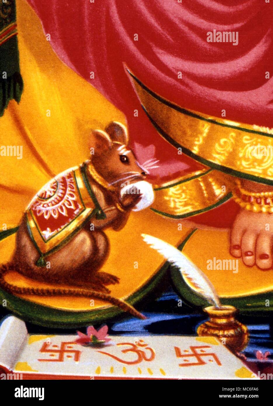 Detail der Swastika Hakenkreuz eingeschrieben auf Charme am Fuße der Elefantengott, Ganmesha. Das Wort leitet sich aus dem Sanskrit vasti", guter Sinne "Glücks". Nach einem billigen Hindu votive Drucken, Bombay Stockfoto