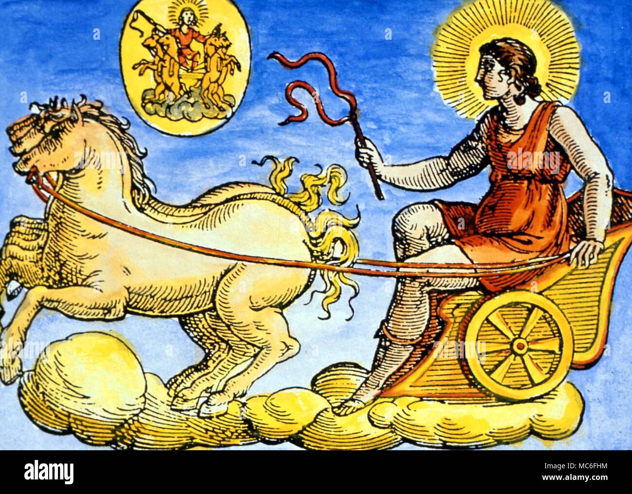 Helios, der Sonnengott, in seinem Pferd-Wagen gezogen. Von Natalis Comitis, 'Mythologiae', Lib. V. 17. Jahrhundert edition. private Sammlung Stockfoto