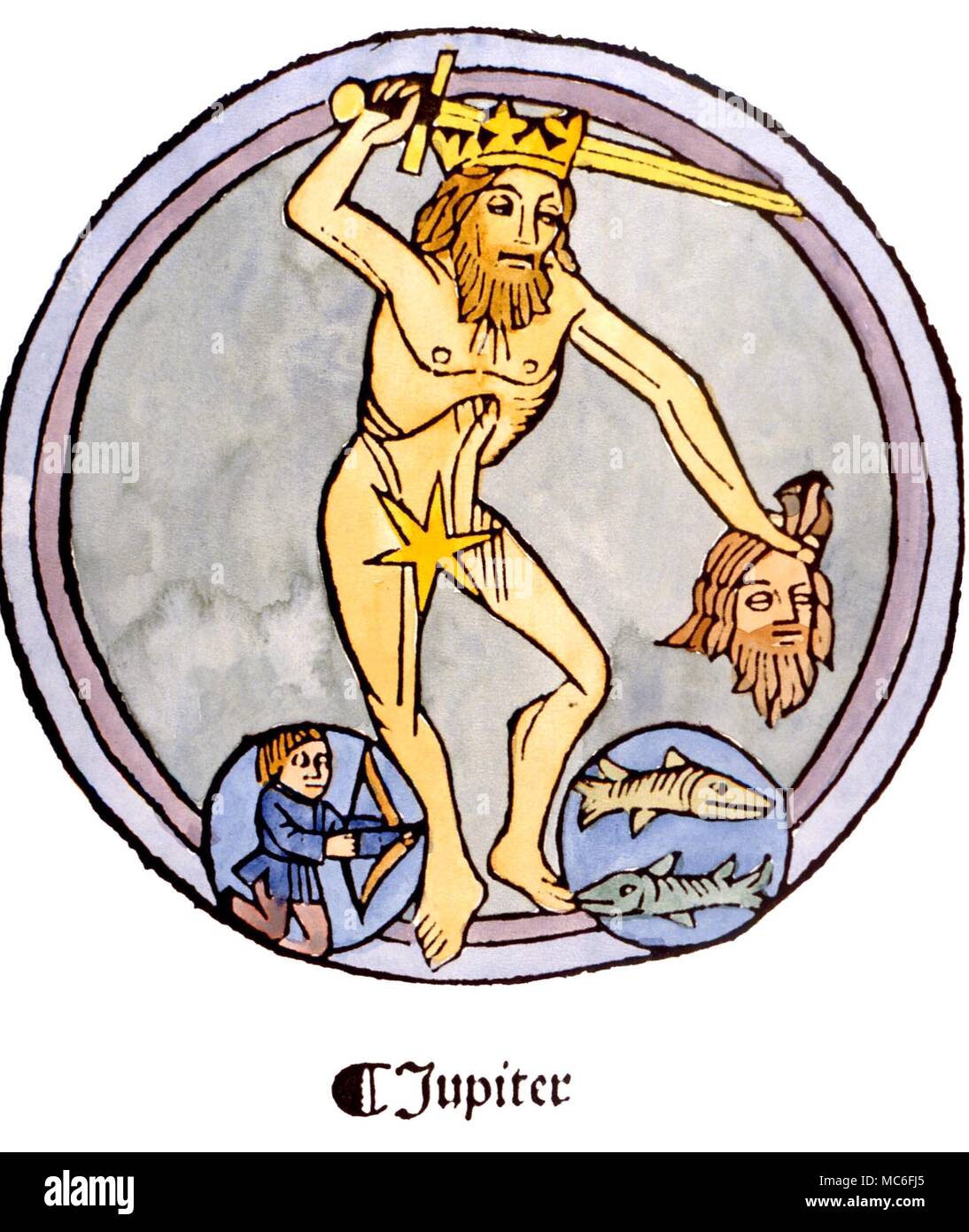 Planeten Jupiter mittelalterlichen Bild von Jupiter aus einer lateinischen Übersetzung von Albumasar, circa 1520. Der Kopist hat einen Fehler, für die Arabische original Bild wurde von Mars, mit dem abgeschlagenen Kopf gemacht Stockfoto