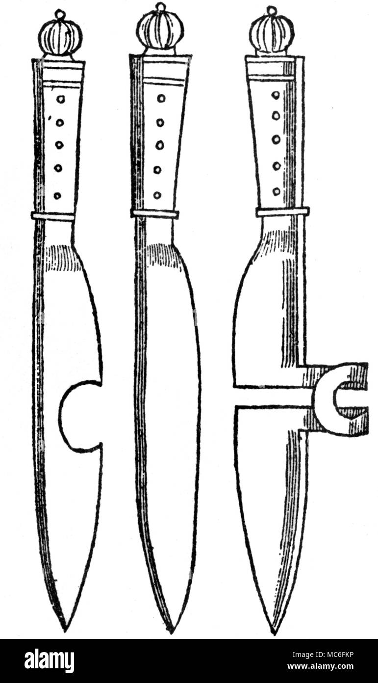 Diagramm, wie ein beschwörer half Mai 'Schub ein Messer durch seine Arme, und schnitt seine Nase 19,6'. Von Reginald Scot 1584 Herausgeber von "Discoverie der Hexerei". Stockfoto