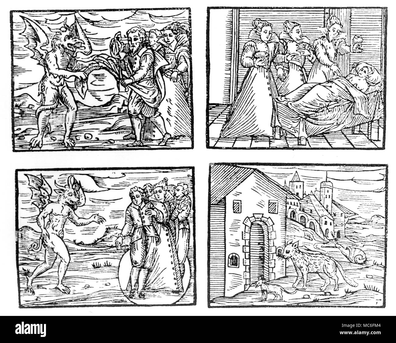 Hexerei, von Der 1608 von eition Guazzo's Kompendium Maleficarum' - Hexen ihre Kleider zu Teufel. Hexen Vergiftung schlafende Frau. Hexen im Magic Circle. Hexen verwandelten sich in verschiedene Tiere. Stockfoto