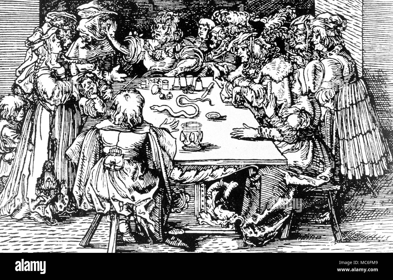 Conjurors an einem Tisch arbeiten. Illustration ist Holzschnitt aus Deutschen Abbildung: Petrach'de Remediis Ultriusque Glückspunkt'', 1532 ' Stockfoto