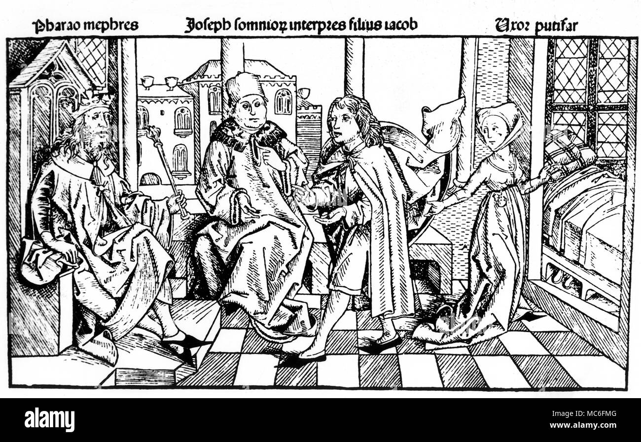 Bedeutung der Träume. Auf der linken Seite, Joseph interpretiert der Traum von Pharoah. Auf der rechten Seite, Putiphar's Frau macht eine Geste, die sich auf ihre künftigen Beziehungen mit Josef. Von Hartmann Schedel's 'Nürnberg Chronicles', 1493. Stockfoto
