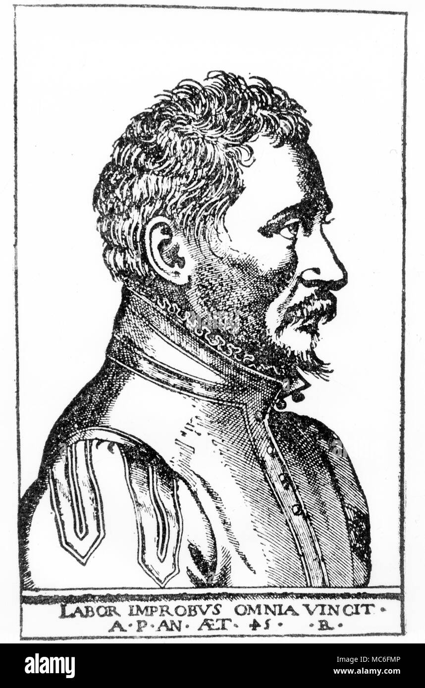 Portrait des französischen Chirurgen Ambroise Pare, der Chefarzt von Heinrich II. von Frankreich, der Patron des Nostradamus. Nostradamus prophezeite der Tod von Henri II aus einer Wunde im Auge - Ambroise Pare Henri während dieser tödlichen Krankheit besucht. Stockfoto