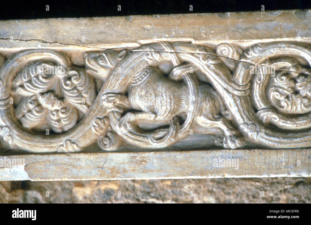 Bs - Entlastung des Hundes, aus dem dreizehnten Jahrhundert 'Tierkreiszeichen Portal' in Sagra di San Michele, Val di Susa, Italien Stockfoto
