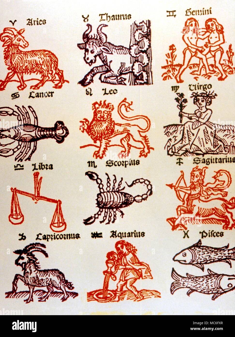 Astrologische Siegel - Bilder der zwölf Zeichen mit der entsprechenden Siegel. Von der 1489 Ausgabe der arabischen Übersetzung, "Astrorum Scientia'. Stockfoto