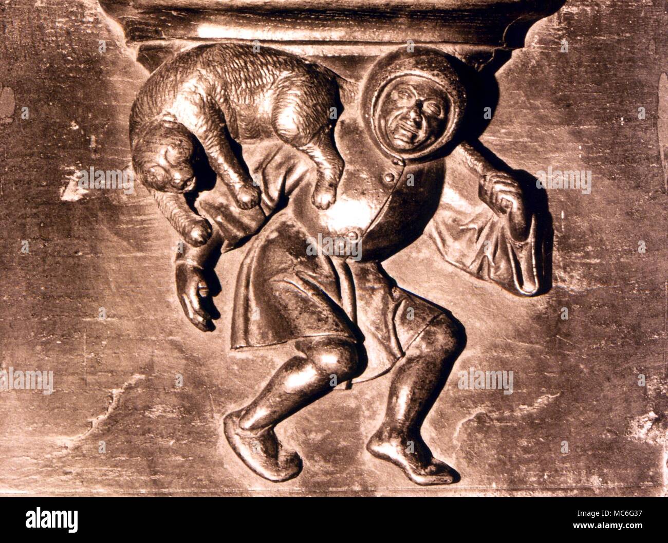 Tiere Bild eines Mannes werfen einer Katze - aus dem 15. Jahrhundert misericord in den Ställen von St. Sulpice Kirche, Diest, Belgien Stockfoto