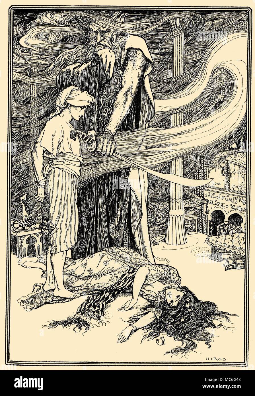 Monster - GENIEN - MÄRCHEN die Genii Befehle der junge Mann, um die Prinzessin zu töten. Illustration von H.J. Ford, der zweiten Kalender, die Arabische Nächte, 1908. Stockfoto