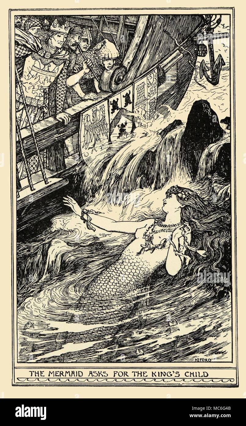 Meerjungfrauen - MÄRCHEN die Meerjungfrau bittet für Kind des Königs. Illustration von H.J. Ford, für die Geschichte "Die Meerjungfrau und der Junge', in der braunen Märchen Buch von Andrew Lang, 1903. 908. Stockfoto