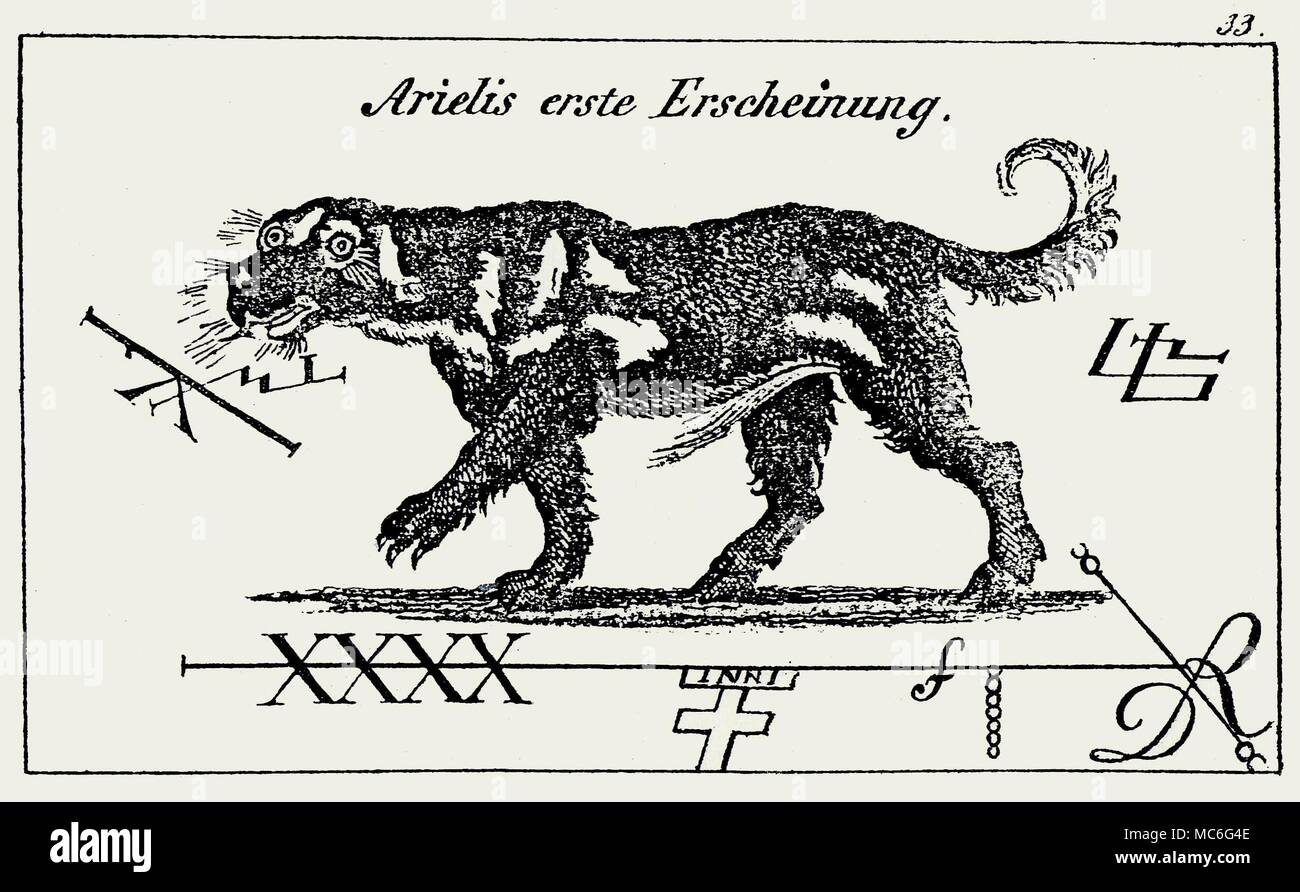 Dämonen - schwarze HUNDE - ARIELIS die erste Manifestation (oder so erscheinen an Beschwörung) der Dämon Arielis (dieser Name scheinbar angenommen wird aus dem Sprite zu unterscheiden, Ariel), zusammen mit einer Anzahl von Siegel angeblich verbunden mit seinem Namen in grimoires. Von Schiebel, Faustbuch, 1843. Stockfoto