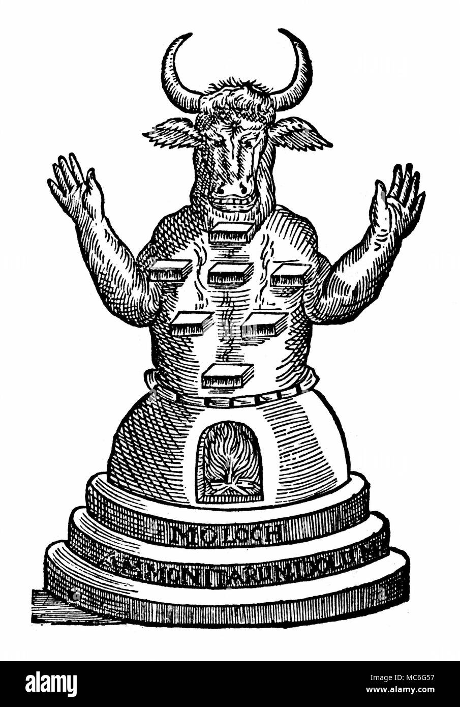 Dämonen - Moloch Moloch, den Gott der Kinder Ammon, zu denen Menschen geopfert wurden, in das Feuer in seinem Magen geworfen (siehe II Könige, 23:10). Von M. Gregorii Michaelis, Notae in Jacobi Gaffarelli Curiositates, 1676. Stockfoto