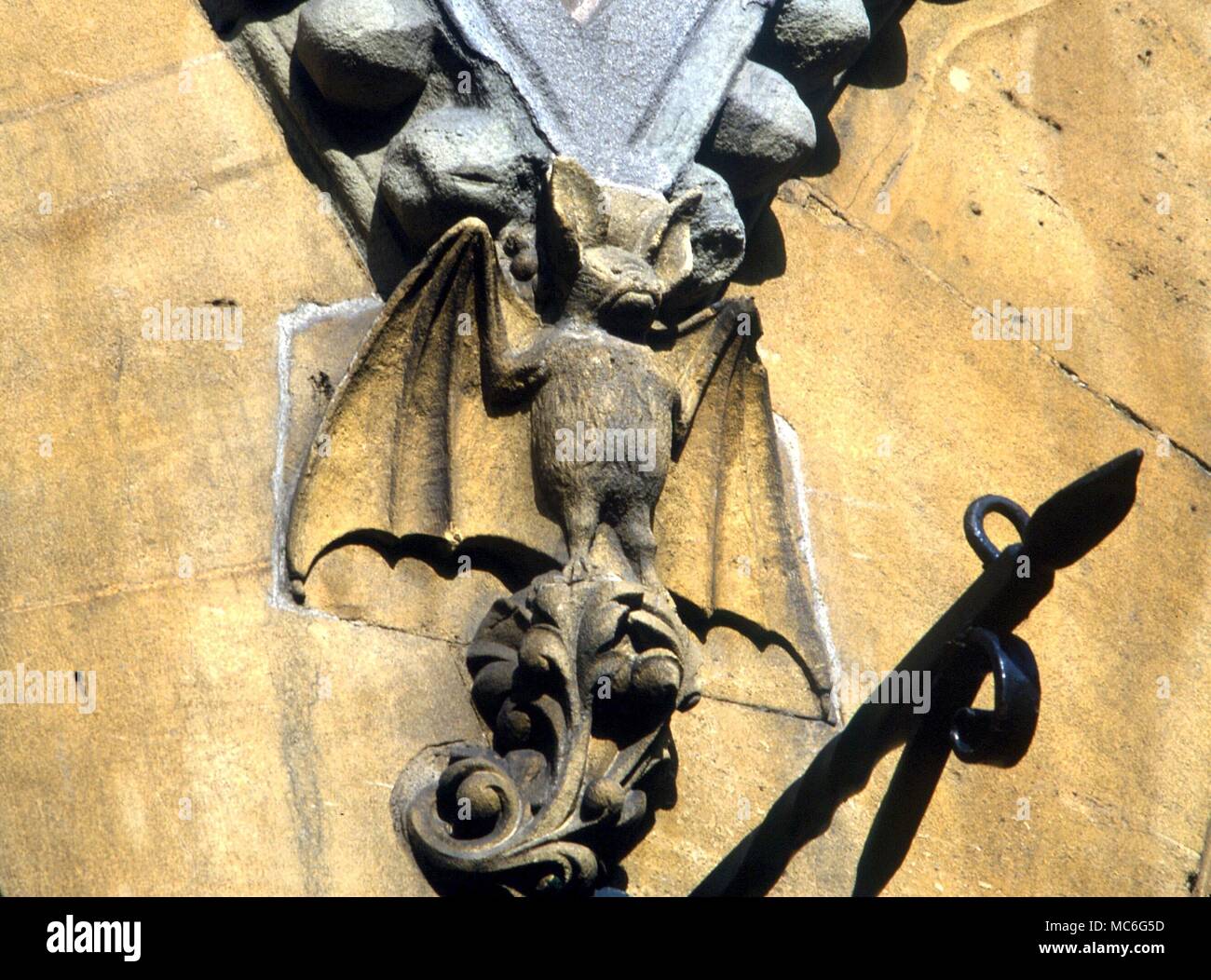 Tiere - Bat mit ausgebreiteten Flügeln - Relief auf der Fassade des Museums und der Bibliothek von Hereford Stockfoto