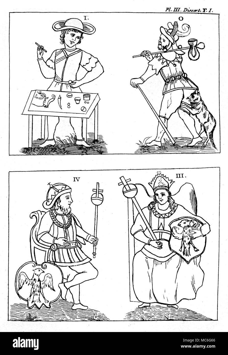TAROT KARTEN - GEBELIN DESIGN - jongleur - Dummkopf - KAISER, Kaiserin [links Oben] den Jongleur, Karte 1 dargestellt von der Französischen Mason, Gericht de Gebelin, im Jahr 1773, auf der Grundlage der Entwürfe von Marseille, das er gesehen hatte. Siehe Gerichtshof de Gebelin, Le Monde primitive, Bde. III und VIII [1773] [1781]. [Oben Rechts], der Narr, Karte 0 von diesem Set - beachten Sie, dass der Mann von einer Katze angegriffen wird, sondern als ein Hund, wie in den anderen Versionen der Karte. [Links unten] der Kaiser, Karte 4 des Gebelin Design. [Rechts] die Kaiserin, Karte 3 des Gebelin Design. Court de Gebelin's Theorie über die Herkunft des Tarot Stockfoto