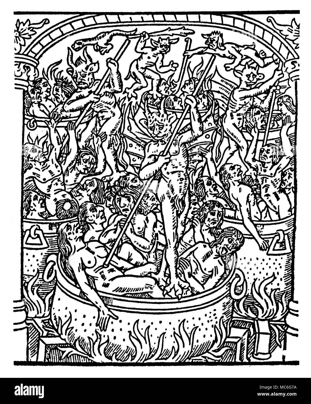 Hölle - Dämonen Sünder werden in großen Kesseln von Dämonen gekocht. Von Le Grant Kalendrier & Kompost des Bergiers avecq leur Astrologie, circa 1500. Stockfoto