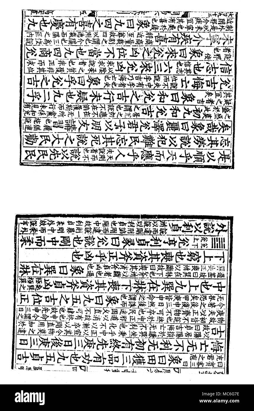 I Ching - HEXAGRAMM Nr. 57 - SUN Die Siebenundfünfzigste Hexagramm für das heilige Buch der Änderungen oder I Ching, oder das Buch der Chou, in China sowohl für die Weissagung und als Quelle der philosophischen Anfrage verwendet. Diese doppelte Seite legt den Beginn der Lesung für dieses hexagramm in der zweiten Spalte von links, von der rechten Seite: Die beiden Seiten sind von einem zehnten Jahrhundert Chinesischen gedruckt blockbook. Das Hexagramm ist einer der acht Doppel-trigramme: Die sechs Zeilen werden von der Konferenz eine obere Sonne (oder "Durchdringenden Wind') mit einer niedrigeren Sun, und wird durch die traditionelle Begründung gefolgt pertaini Stockfoto