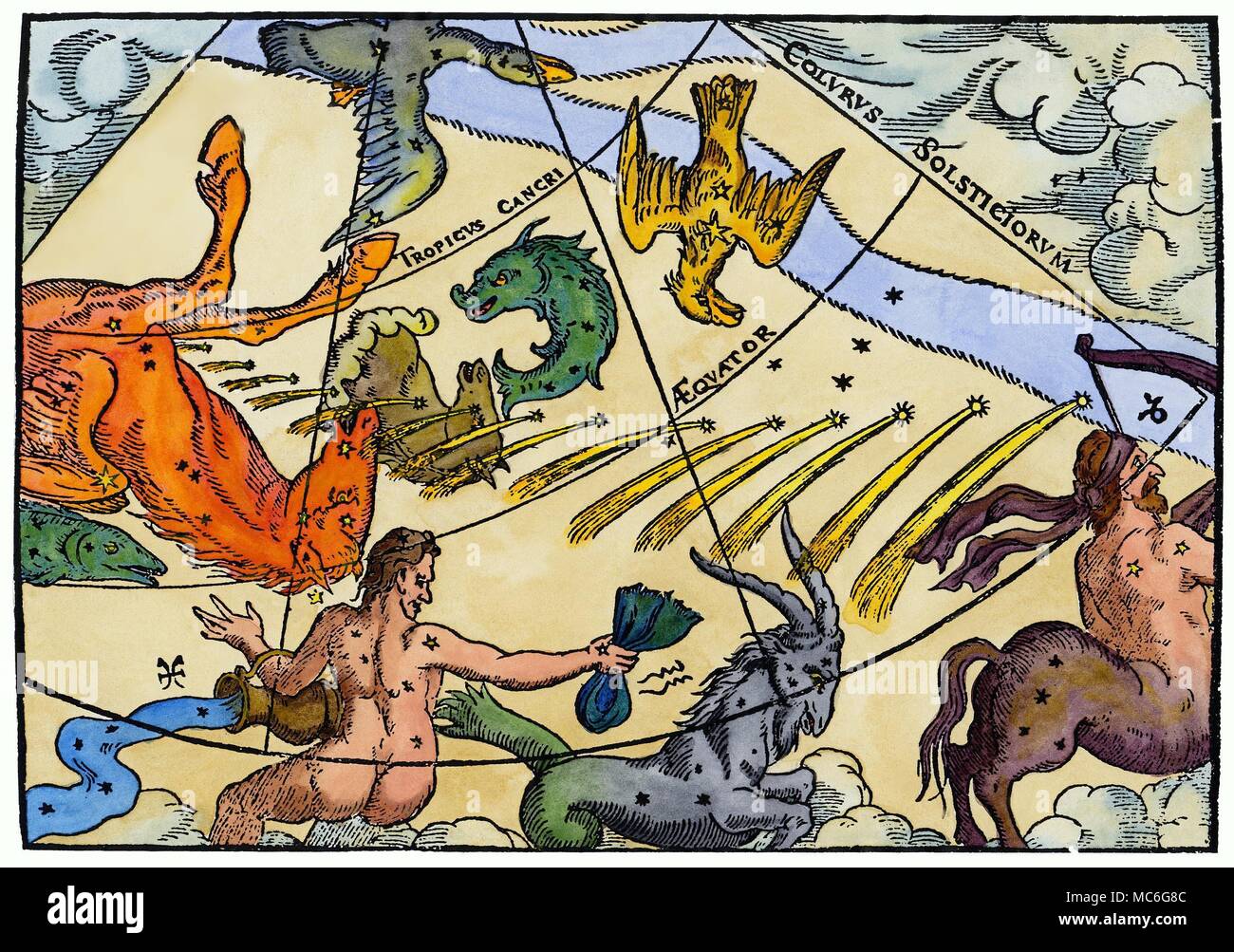 ATROLOGY - Kometen Der große Komet von 1577, der so tief in das Leben und Werk von Tycho Brahe beeinflusst. Es ist in der kontinuierlichen Darstellung abgebildet, die sich vom Pferd - Mensch Sagittaris auf das fliegende Pferd Pegasus, gegen Ende 1577. Gleichzeitigen broadsheet Stockfoto