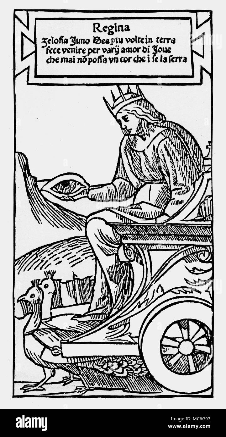 TAROT-BOIARDO TRIONFI - Symbole - Auge - JUNO einer Picture Card, die Königin, von einem trionfi Pack von Matteo Maria Boiardo [1441-1494], und manchmal mit Tarocchi Karten verwechselt. In diesem Beispiel ist die Königin der Augen, die von der Göttin Juno, aus alten Zeiten mit dem "Bird of Augen' verbunden, der Pfau vertreten ist. Die anderen Suiten im Deck sind Pfeile (Symbol der Liebe), Vasen (Symbol der Hoffnung) und Peitschen (Symbol der Angst): wie der Vers auf dieser Karte schlägt vor, die Augen suite symbolisiert Eifersucht. Jede Karte, die überlebt hat enthält einen beschreibenden tercet, bestehend in Italienisch durch Boiar Stockfoto