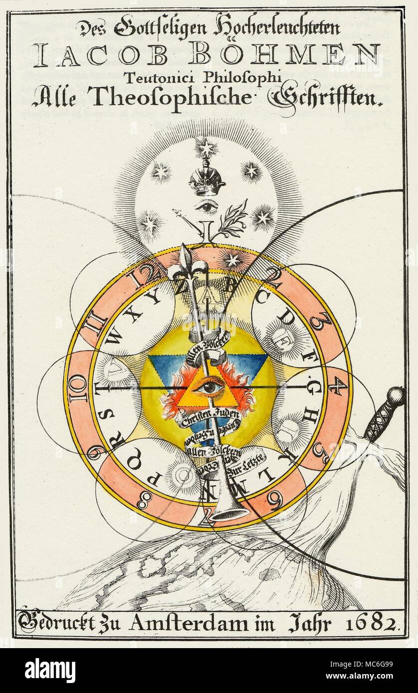 Rosenkreuzer - OKKULTE KUNST - Freimaurer - ALPHABETE Titlepage zu Jakob Böhme, Alle Theosophische Schrifften, 1682, die von der Boehme jünger veröffentlicht wurde, Johan Gichtel. Wie so oft bei der boehme Abbildungen, des Design Centers auf einem Auge. Diese in ein brennendes Dreieck, das über ein Dreieck ein Symbol für das Element Wasser - zusammen überlagert wird, die zwei Dreiecke sind nicht nur vorbereitende zur Bildung der Siegel Salomos, aber sie stellen auch den Konflikt der Gegensätze (Feuer und Wasser). Die volle Anerkennung der Boehme Symbole und Designs (vor allem diejenigen, die Stockfoto