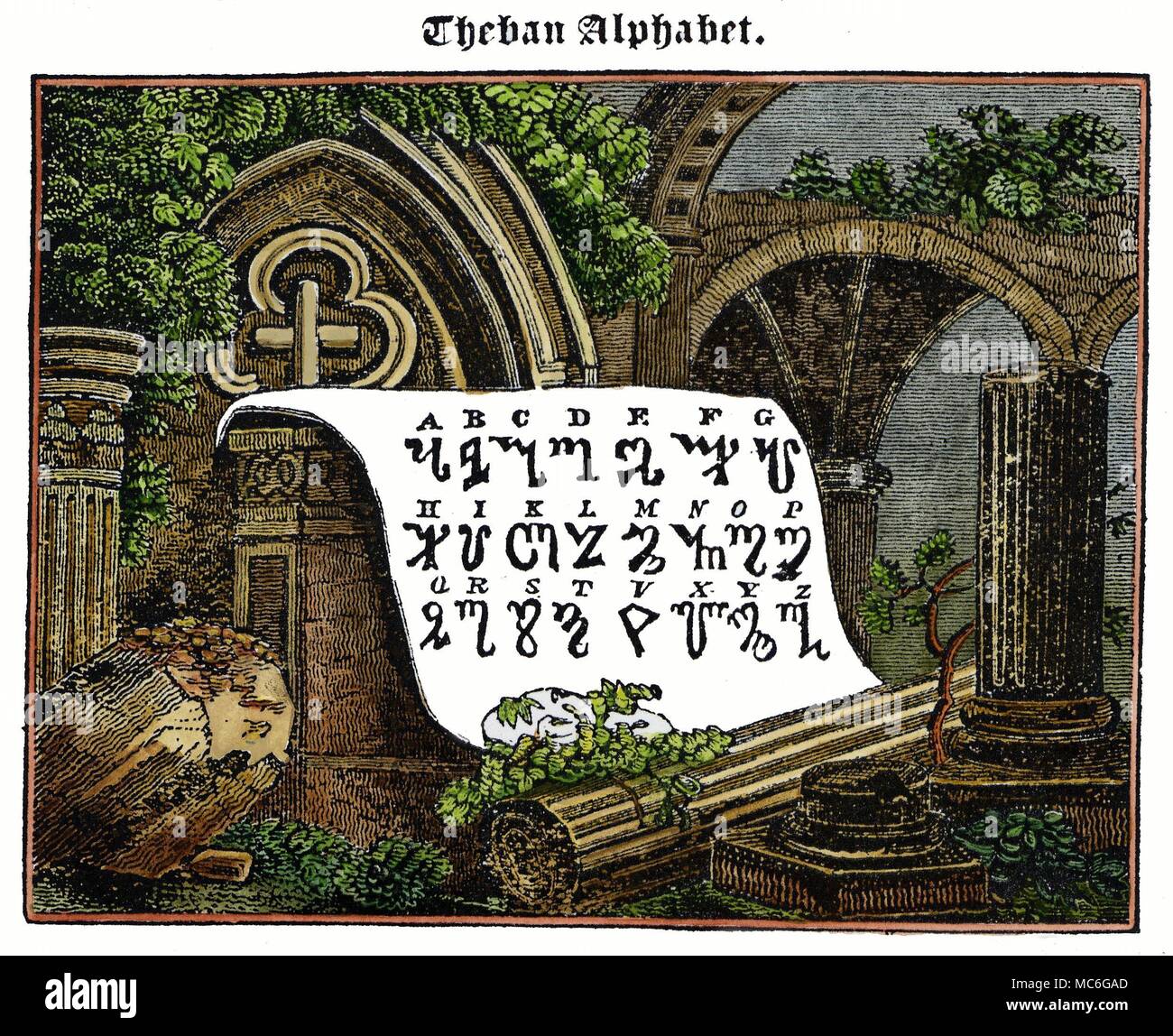 Alphabete - THEBANISCHEN Skript der mittelalterlichen Thebanischen Skript, mit modernen, zurückzuführen auf Honorius, aber sicherlich auf das Alphabet von Cornelius Agrippa in De Helvetica Philosophia, 1534 erhalten. Handcolorierte Holzstich - Abbildung Nr. XVI aus dem Zerzausten Astrologe des neunzehnten Jahrhunderts, 1848. In der Charles Walker Archive sind eine Reihe von Wicca magische implementiert, in der die Thebanischen Skript verwendet wurden. Stockfoto