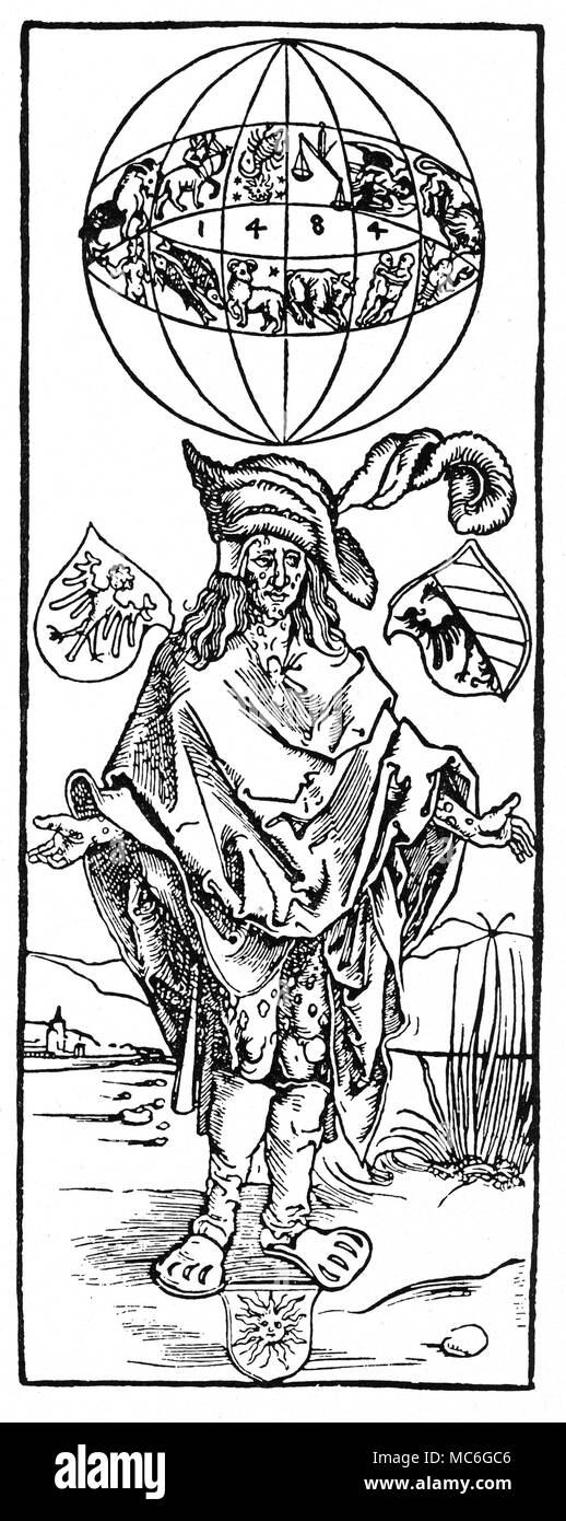 Astrologie - STERNZEICHEN - Medizin - SATELLITIUM' Die syphilitische Mann" - ein holzschnitt zugeschrieben, der deutsche Künstler, Albrecht DÂ³rer, für einen Prospekt vom Arzt geschrieben, theodoricus Ulsenius, ein Traum, der Syphilis (dann die Geißel Europas) seinen Ursprung in 1484 hatten. Es war in der Tat ein alltägliches die Ursprünge dieser Krankheit zu planetarischen Einflüssen auf die Spur, und dies war ein Versuch, es zu einem planetarischen Konjunktion im Zeichen Skorpion zu zuschreiben. Das Bild für Skorpion, in der himmelssphäre über dem Kopf des Mannes, gekennzeichnet ist, mit der Sonne und Mond (unter der Sonne) und vier Planeten - Stockfoto