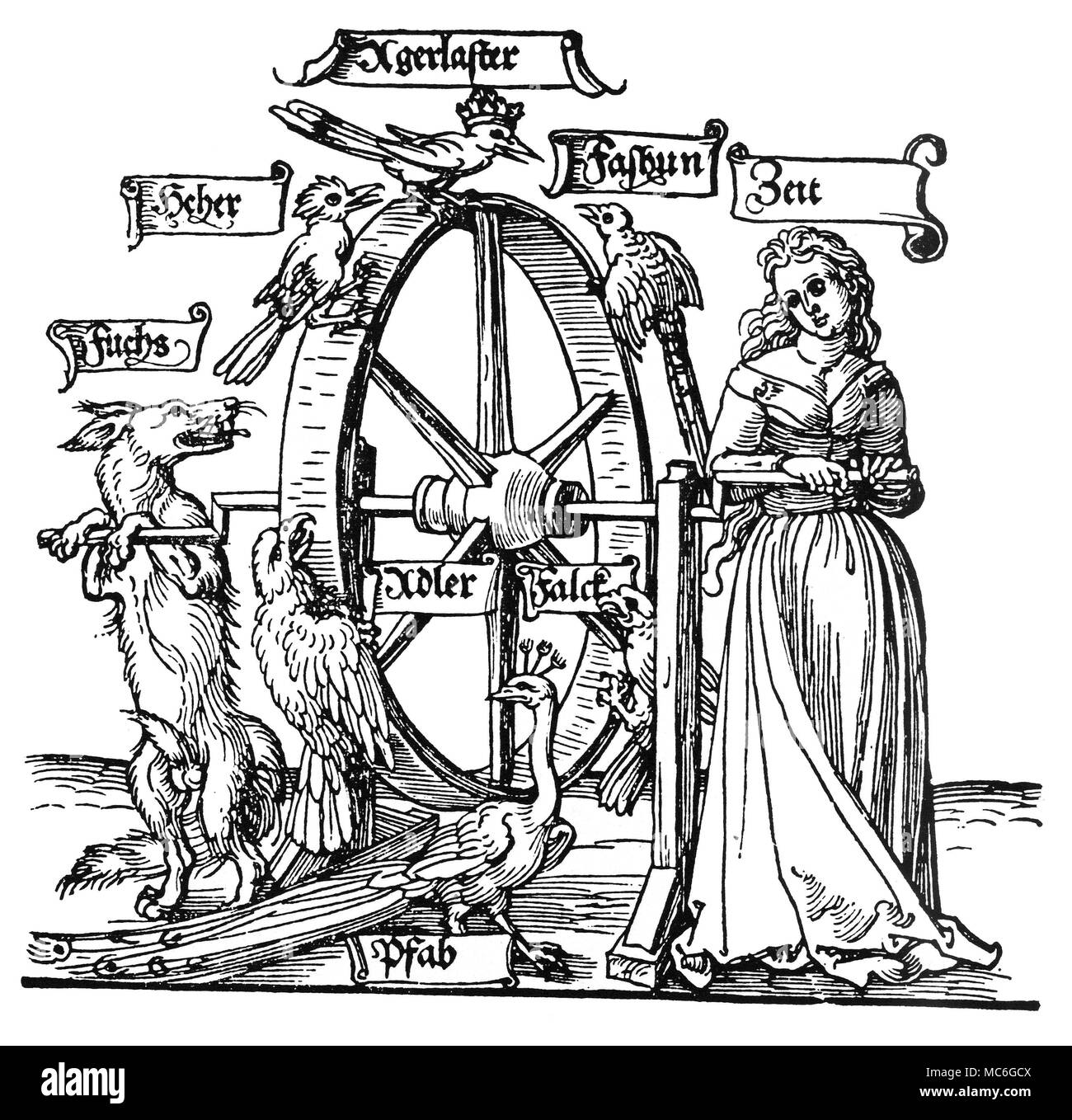 Glücksrad Detail einer Glücksrad, sagte (1524), Kopien eines Design auf einem alten Wandteppich in das Schloss am Michelfeldt gefunden (am Rhein). Dieses Detail zeigt Zeit (Zeit markiert) drehen das Rad des Vermögens, unterstützt von einem Fuchs (Fuchs). Die genannten Vögel gehören (unten) ein Pfau, ein Falke, eine Elster, ein Fasan und ein Adler. Die Bedeutung dieser Zyklus von Vögeln ist nicht bekannt, aber es kann sein, dass Sie zu heraldischen Geräte beziehen, und somit eine persönliche Bedeutung haben. Der Druck ist manchmal zu Unrecht den deutschen Künstler, Albrecht DÂ³rer zugeschrieben. Stockfoto