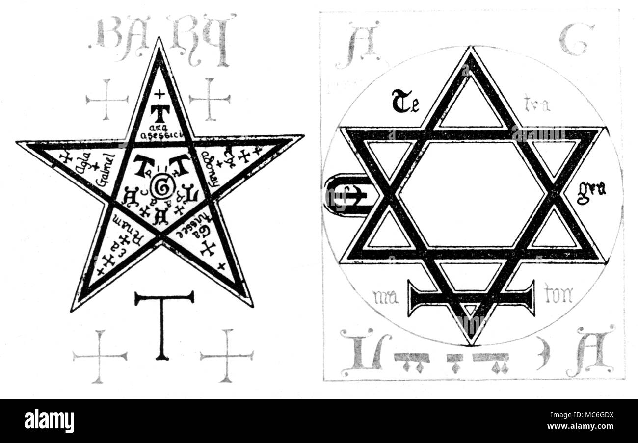 GRIMOIRES - magische Symbole - agla das Pentagramm (links) und dem  geänderten Siegel von Solomon (rechts) von einem englischen Grimoire des  16. Jahrhunderts. Beide Formen gehören das Wort Agla, aber es ist
