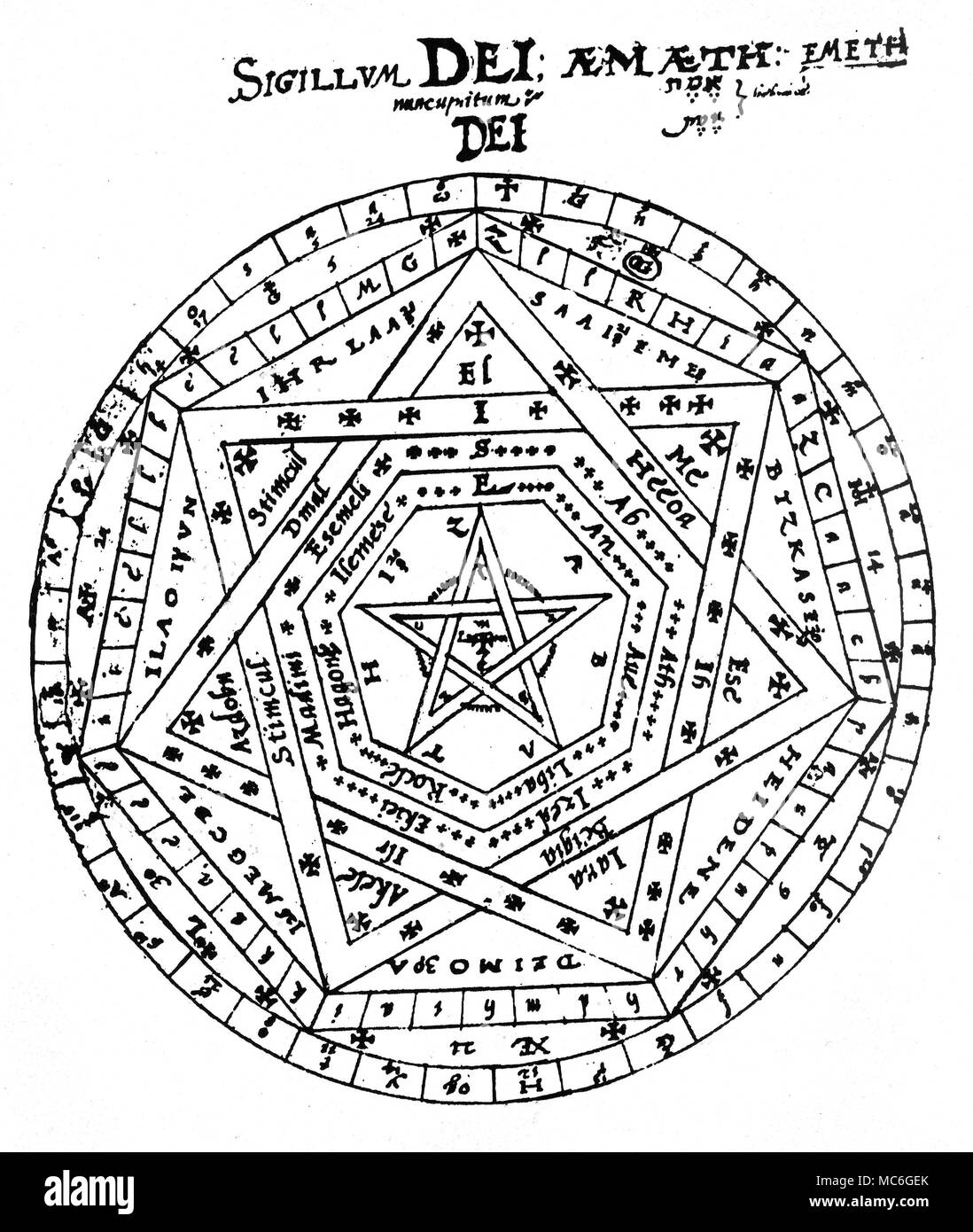 Magische Symbole - JOHN DEE'S SIGILLUM - AEMETH das Manuskript Design für große Siegel Dr. John Dee's, von seinen eigenen handschriftliches Manuskript von Liber Primus Mysteriorum kopiert, in der British Library (Sloane 3188, in den letzten Folio von Buch II., w. 30 r.) im Jahr 1582. Dee bezieht sich auf diese wichtige Seal als die Sigillum Dei (einem vieldeutigen Begriff, das heißt, könnte das Siegel Gottes, aber das bedeutet fast zweifellos Dee's Siegel). Das komplexe Design ist in der Tat die Dichtung der Aemaeth, Aemeth, oder Emeth, die in der magischen System von John Dee zahlen, und die Incorporated (oft in eine verkürzte Form) Stockfoto