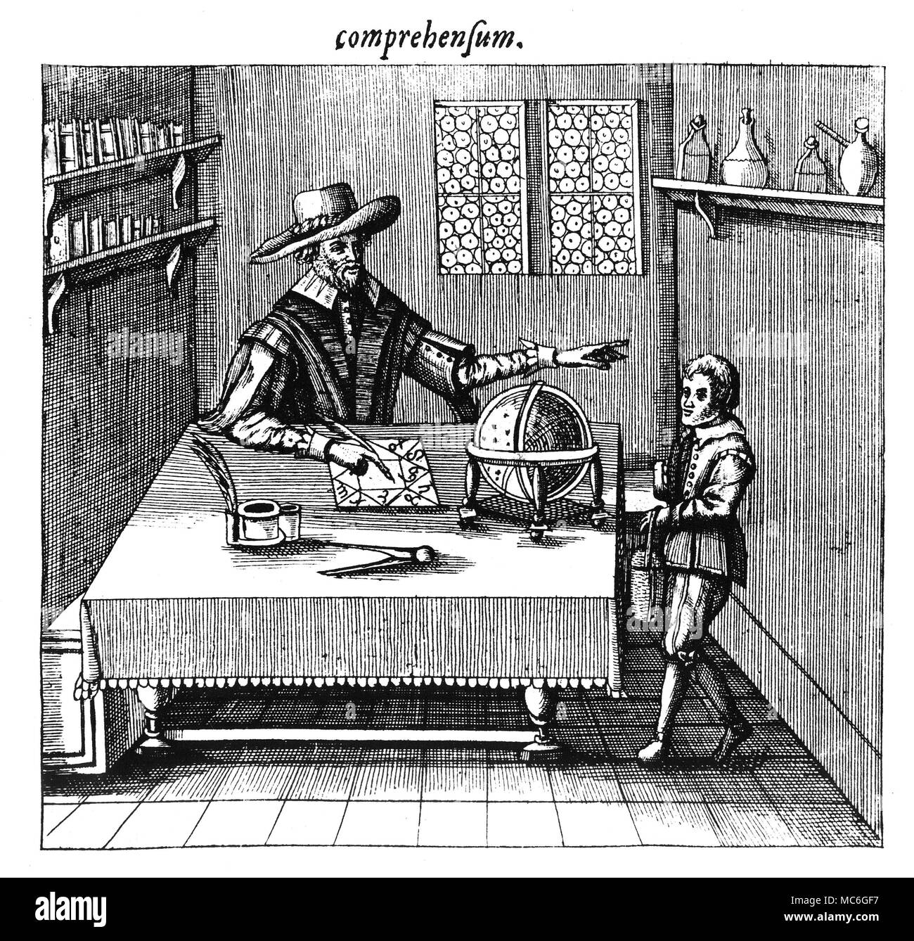 Astrologie - HOROSKOPE EIN siebzehnten Jahrhundert Astrologe ein Horoskop für einen Kunden. Gravur von Robert Fludd, Werken, 1635. Stockfoto