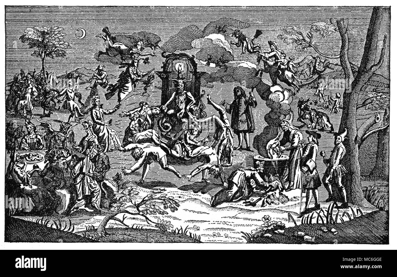Hexerei der Hexen Sabbat - Holzschnitt nach dem ausklappbaren Gravur in der Geschichte der lächerlichen Extravaganzen von Monsieur Oufle, 1711. Stockfoto