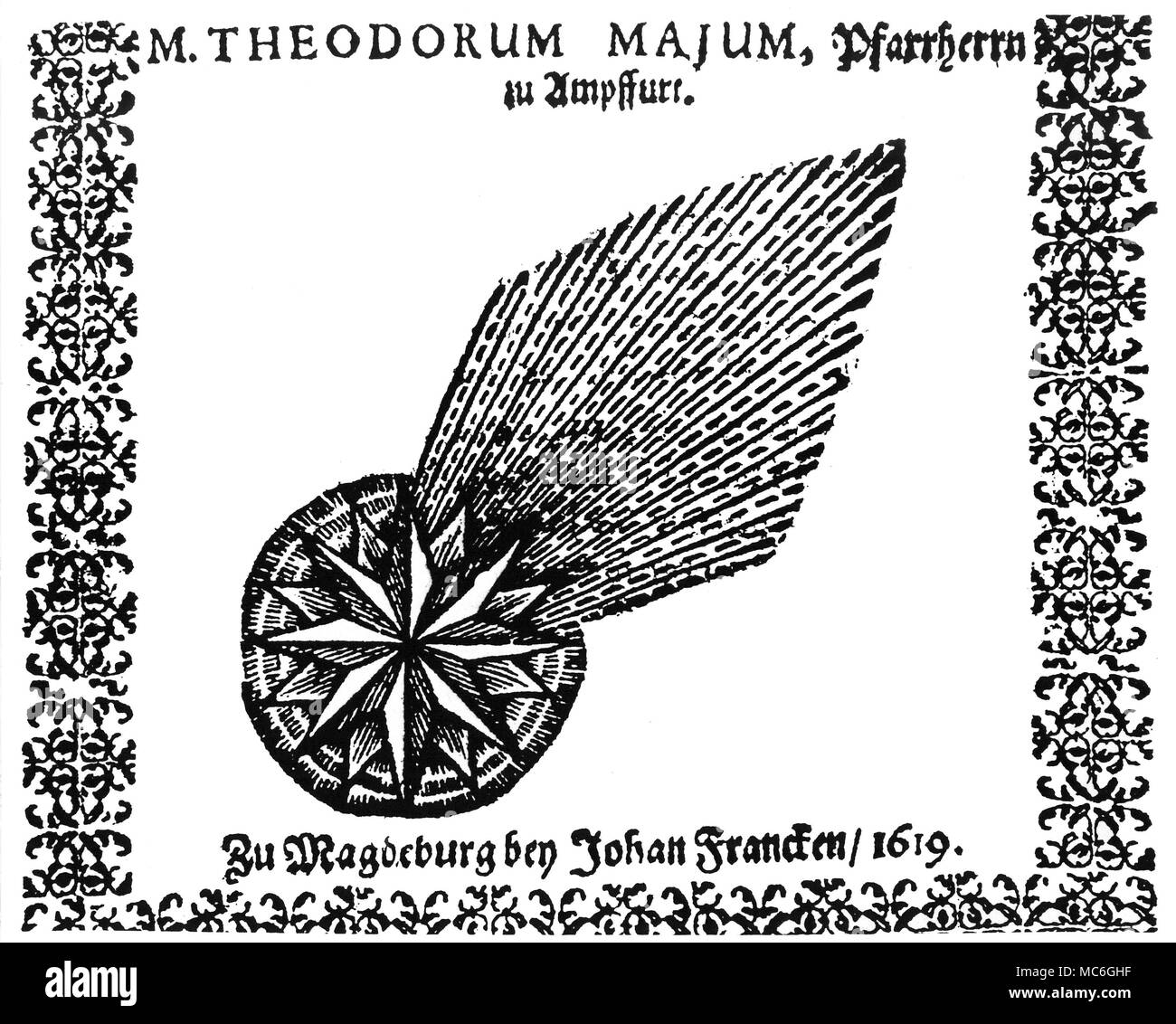 Astrologie - Kometen der Komet von 1619, von der Titelseite von Theodore Major, Soder ewige Bott [Bote?], in Magdeburg im Jahre 1619 gedruckt. Stockfoto