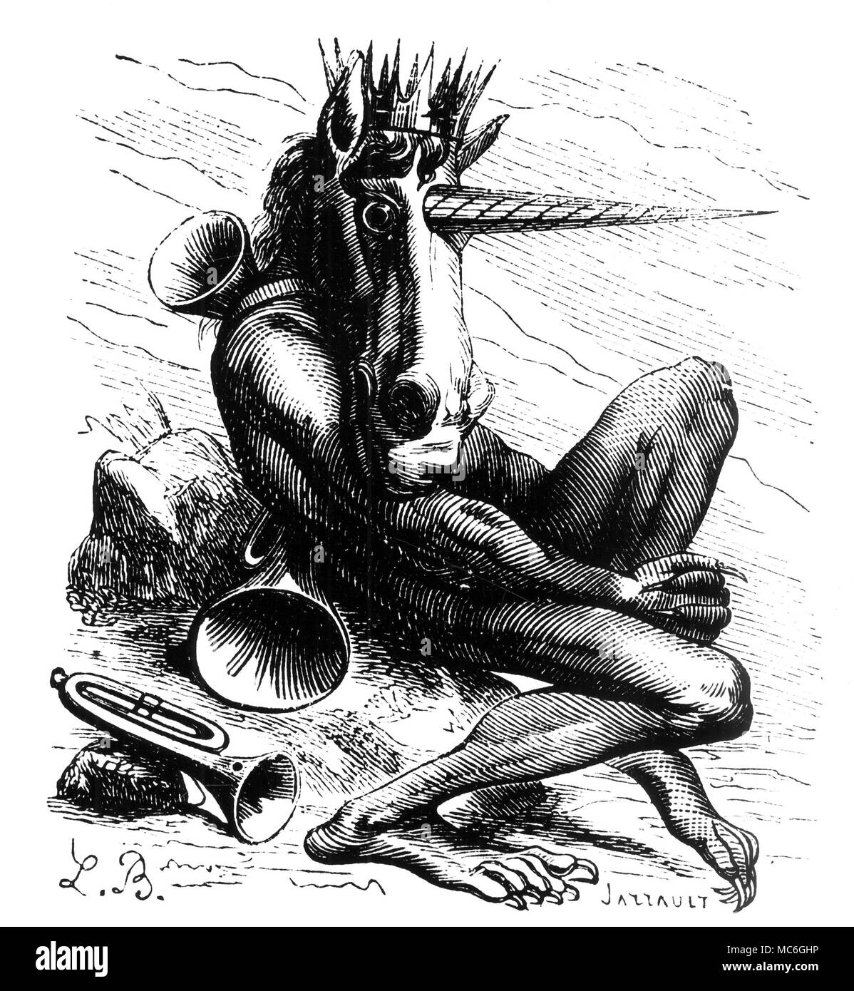 Dämonen - AMDUSCIAS Amduscias ist der 67. Geist der Grimoire, lemegeton Clavicula Solomnis. Er hat die Kraft zu verursachen Bäume zu biegen und zu brechen, auf Antrag der Zauberer. Er erscheint zuerst in der Form von einem Einhorn, aber auf Antrag der Zauberer, kann er sie auf einer menschlichen Gestalt. Sein Bild ist aus der Edition 1863 von Collin de Plancy, Wörterbuch Infernal. Stockfoto