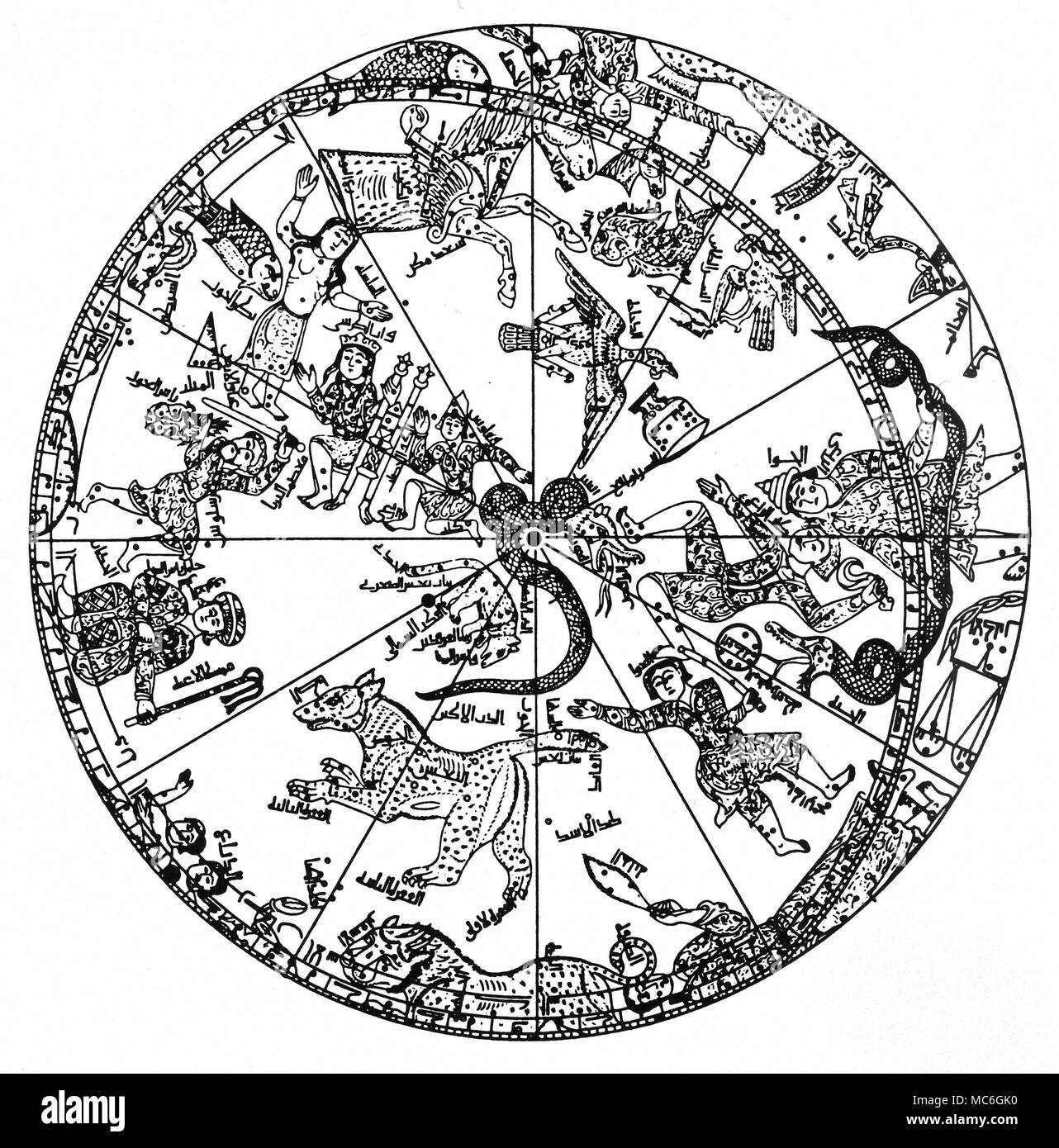Astrologie - Sternbilder arabische Konstellation Karte des nördlichen Himmel. Lithographie aus dem 19. Jahrhundert. Stockfoto