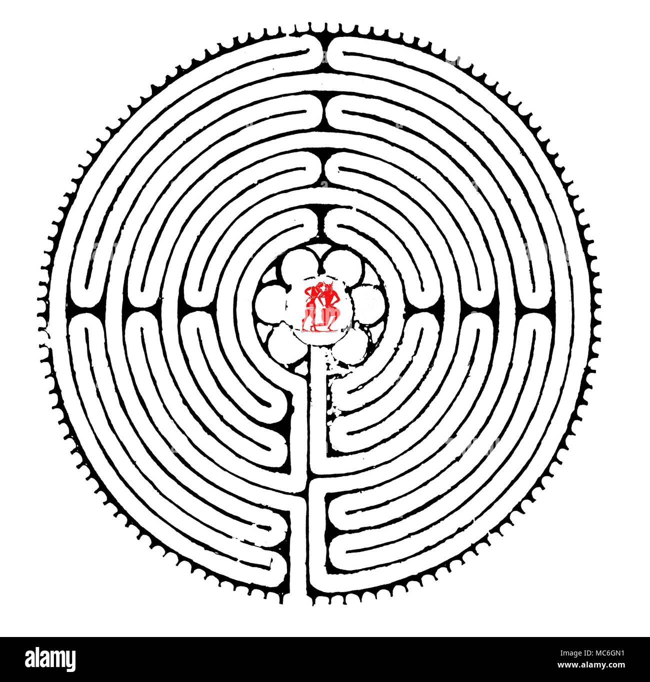 Labyrinthe - chartres im dreizehnten Jahrhundert Labyrinth im Kirchenschiff, die Kathedrale von Chartres ist wohl die berühmteste der Welt - aber, es ist nicht ein reiner Labyrinth, so viel wie eine tanzende Masse. Nachdem Sie auf seinem Weg eingeschlagen, gibt es keine Chance, verloren: Der Pfad führt unweigerlich zum inneren Kreis, worin (wenn alte Aufzeichnungen geglaubt werden sollen) Es war das Bild des Theseus im Kampf mit dem Minotaurus. Die genaue Form Dieser Tauromachia ist unbekannt, aber es kann das Bild auf dieser Plan des Chartres Labyrinth überlagerte Geähnelt haben. Stockfoto