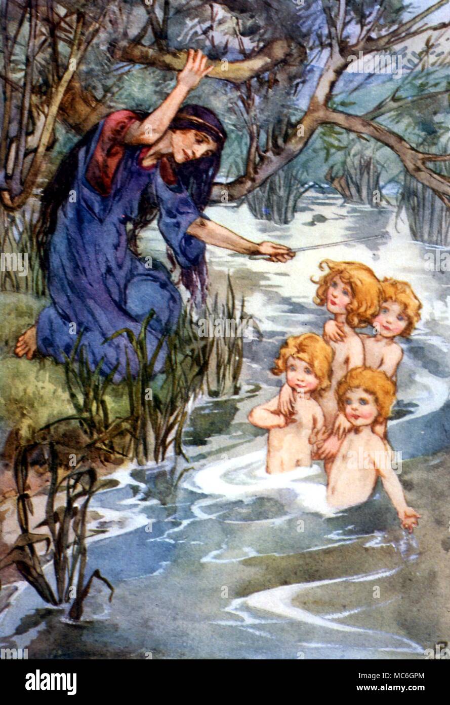 Druiden. Eva betörend die Kinder von Lir mit der magischen Druid Zauberstab, und das Singen von einem alten Rune. Abbildung von Helen Stratton, 1915, für "ein Buch der Mythen' Stockfoto