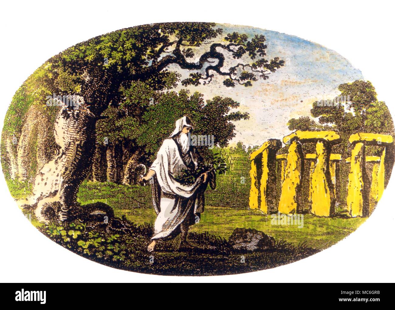 In einem Eichenhain in der Nähe von Stonehenge Druide mit Sichel und Mistel. Farbe drucken richtetsich nach Vignette von Francis Grose, "Antiquitäten von England und Wales" 1773-87 Stockfoto