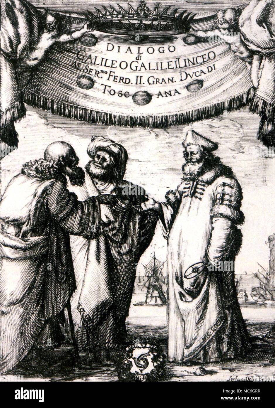 Astrologie - GALILEO Titel Seite von 'Dialogo di Galileo Galilei', 1632, im Auftrag der Medici, die Galileo's Arbeit in Florenz bis zu 1632 unterstützt veröffentlicht. Dieses Buch führte zu der Testversion von Galileo Stockfoto