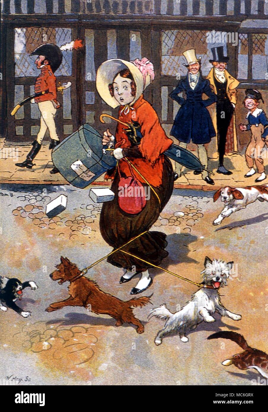 Hunde. "In Schwierigkeiten" - Color Block drucken von einem Wasser - Farbe der Zeichnung von Tom Browne; blockprint datiert 1905 Stockfoto