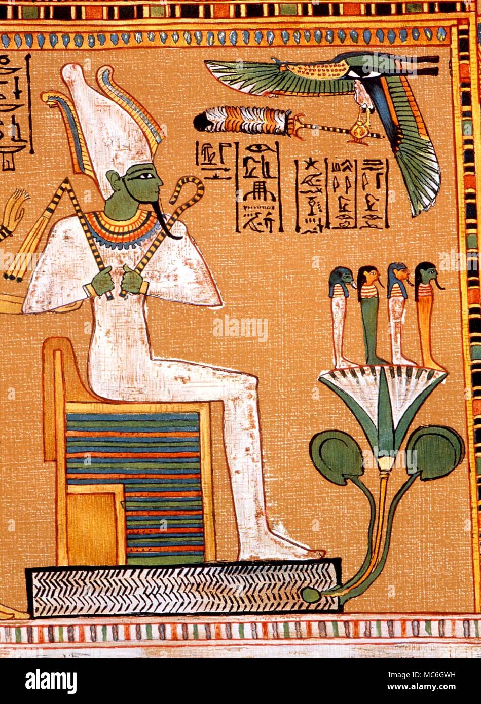 Ägyptische Mythologie - Osiris, der Gott Osiris in einem Heiligtum thront, mit der Frau - Schwester Isis, und ihre Schwester Nephthys hinter, und die vier Götter der Himmelsrichtungen. Von der ägyptischen Buch der Toten, die in die Budge Edition Stockfoto