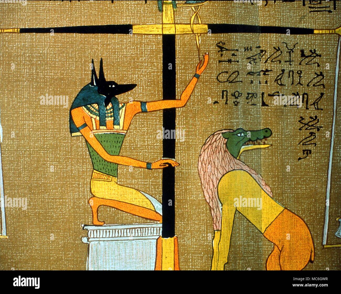 Ägyptische Mythologie - Anubis und Amemit am Psychostasis, oder Wiegen des Herzens, verpflichtet, den Wert der Seele zu bestimmen. Aus der Budge litographic Ausgabe der Papyrus von hunefer, das Buch der Toten Stockfoto