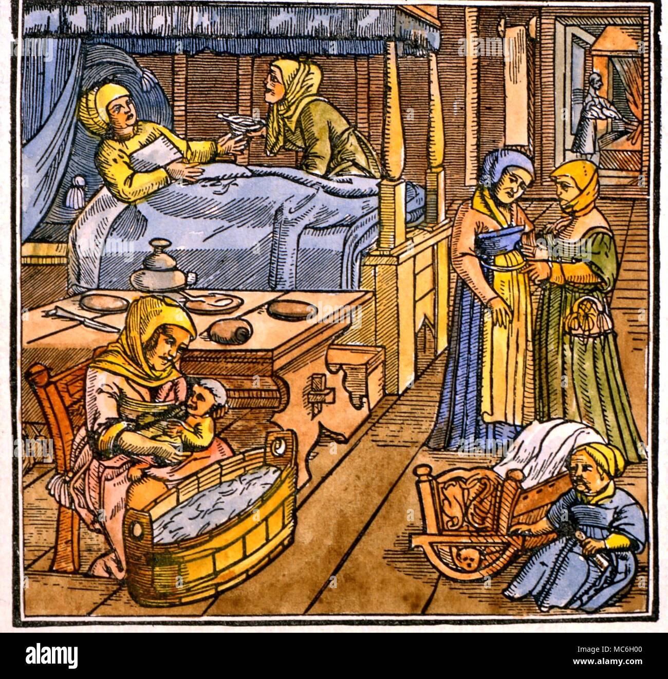 Gesundheit - HEBAMMEN DIE TEILNAHME AN DER GEBURT. Nach einem holzschnitt illustriert die Werke der Schweizer Arzt (16. Jahrhundert), Jacobus Rueff Stockfoto